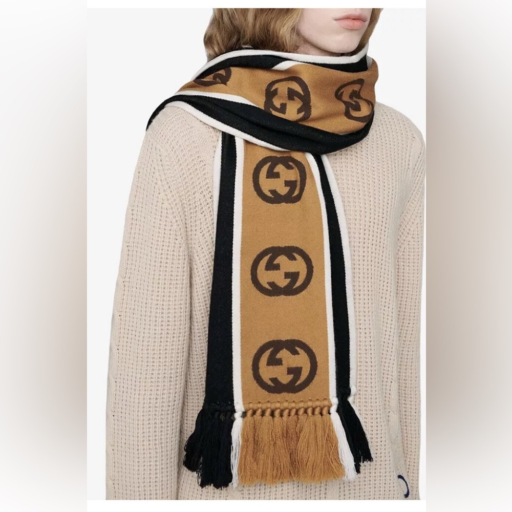 Gucci Camel, Brown & Black GG Logo Knit Scarf wool New with Tags